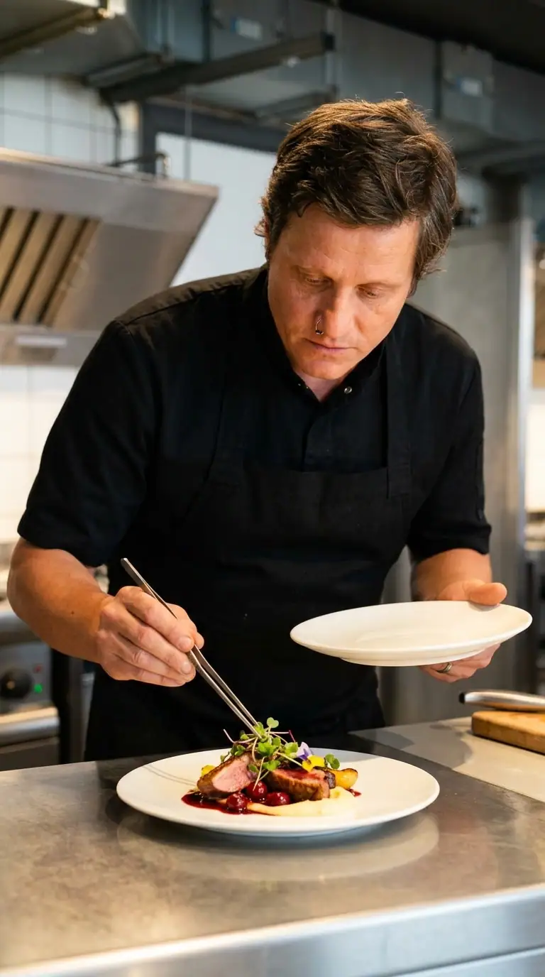 Chef Dave Corker plating a dish in his Devon kitchen