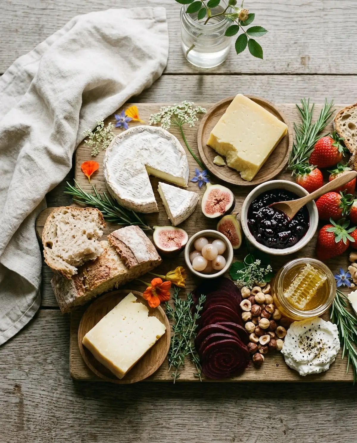 A rustic Devon grazing board with West Country cheeses, sourdough, figs, smoked beetroot, hazelnuts, hedgerow blackberry jam and edible flowers