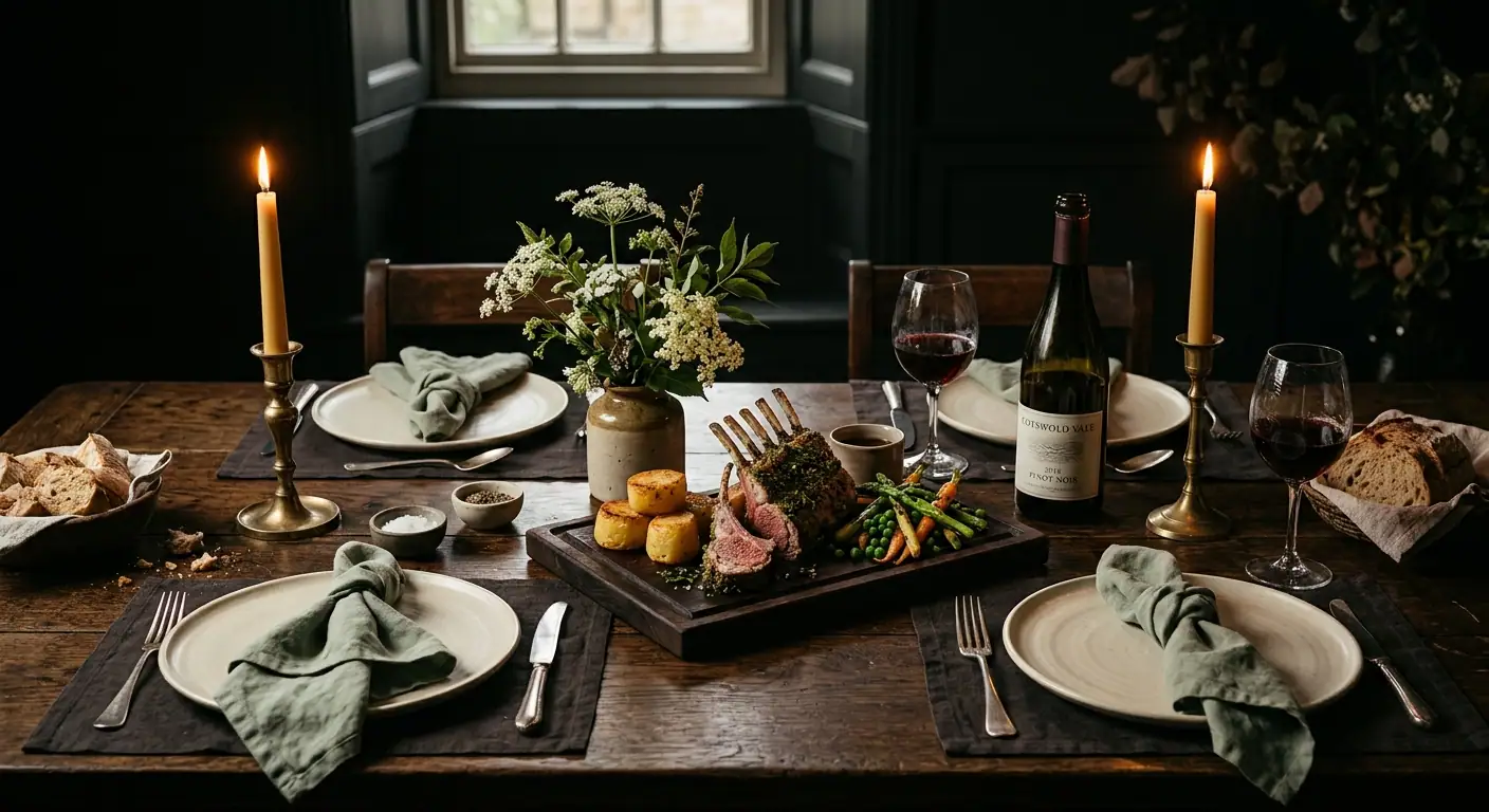 An elegant rustic table set for dinner with linen, candlelight and a roasted course